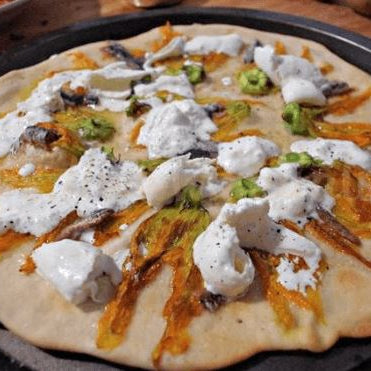 Pizza with Pumpkin Flowers, Anchovies, and Burrata
