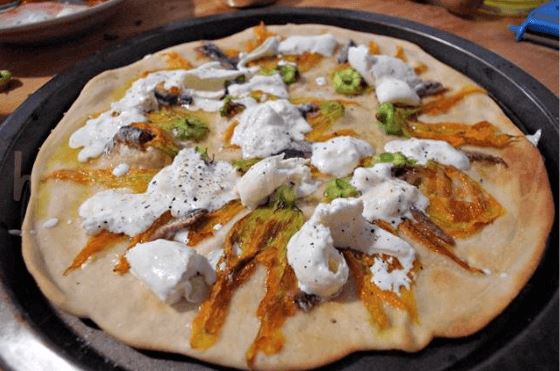 Pizza with Pumpkin Flowers, Anchovies, and Burrata