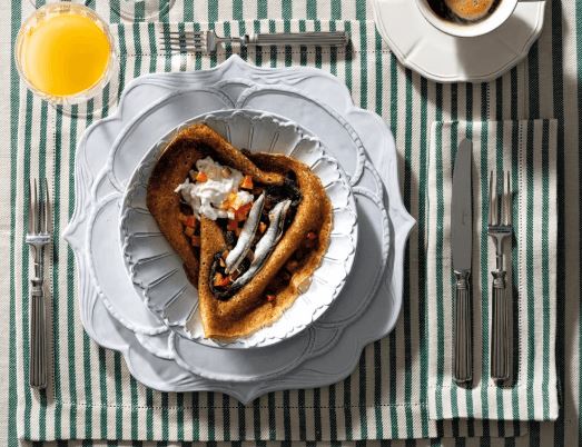 Crepes with Marinated Anchovies, Burrata, and Vegetables