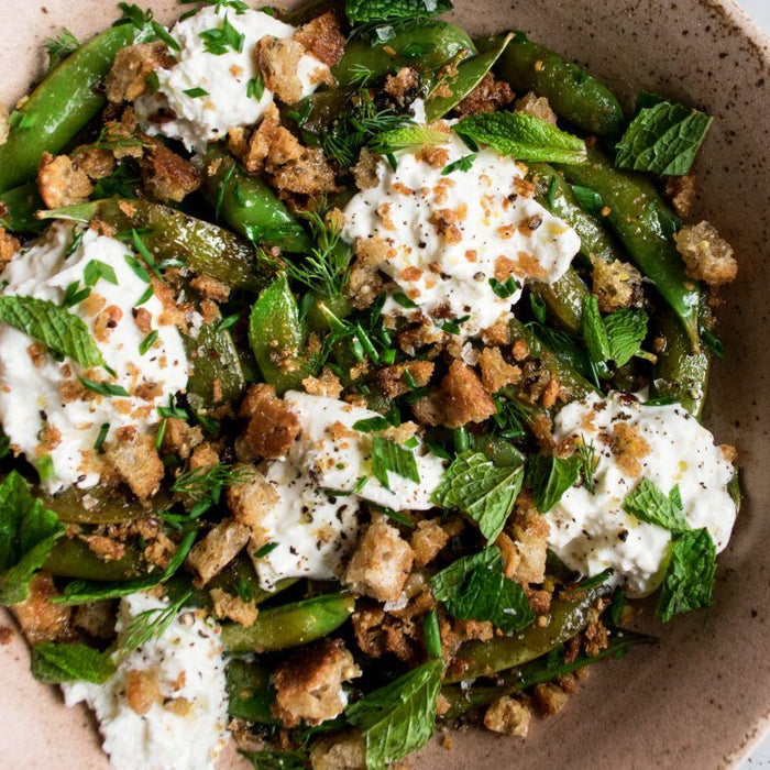 Blistered Snap Peas with Burrata & Breadcrumbs
