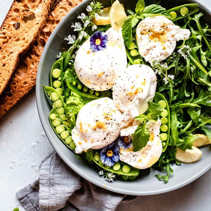 Burrata Cheese with Charred and Raw Sugar Snap Peas