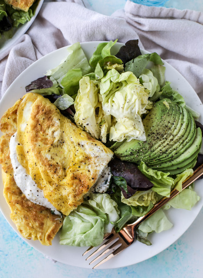15 Minute Spinach Burrata Omelet with Avocado Salad