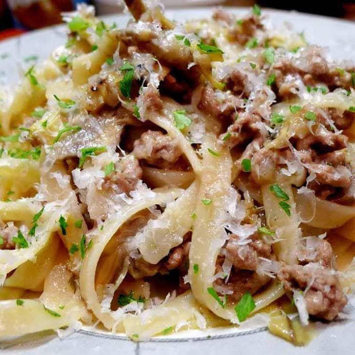 Lamb, cheese and egg fettuccine