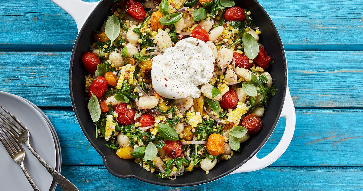Summer Skillet Gnocchi with Grilled Corn and Burrata