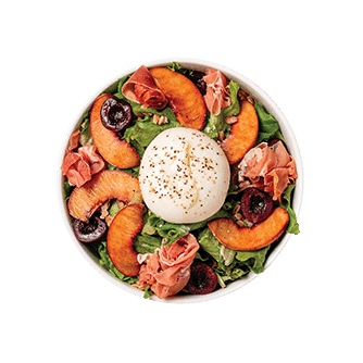 CARAMELIZED PEACHES, CHERRIES & PROSCIUTTO BURRATA SALAD BOWL