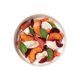 CARAMELIZED PEACHES, MINT & PROSCIUTTO BURRATA SALAD BOWL