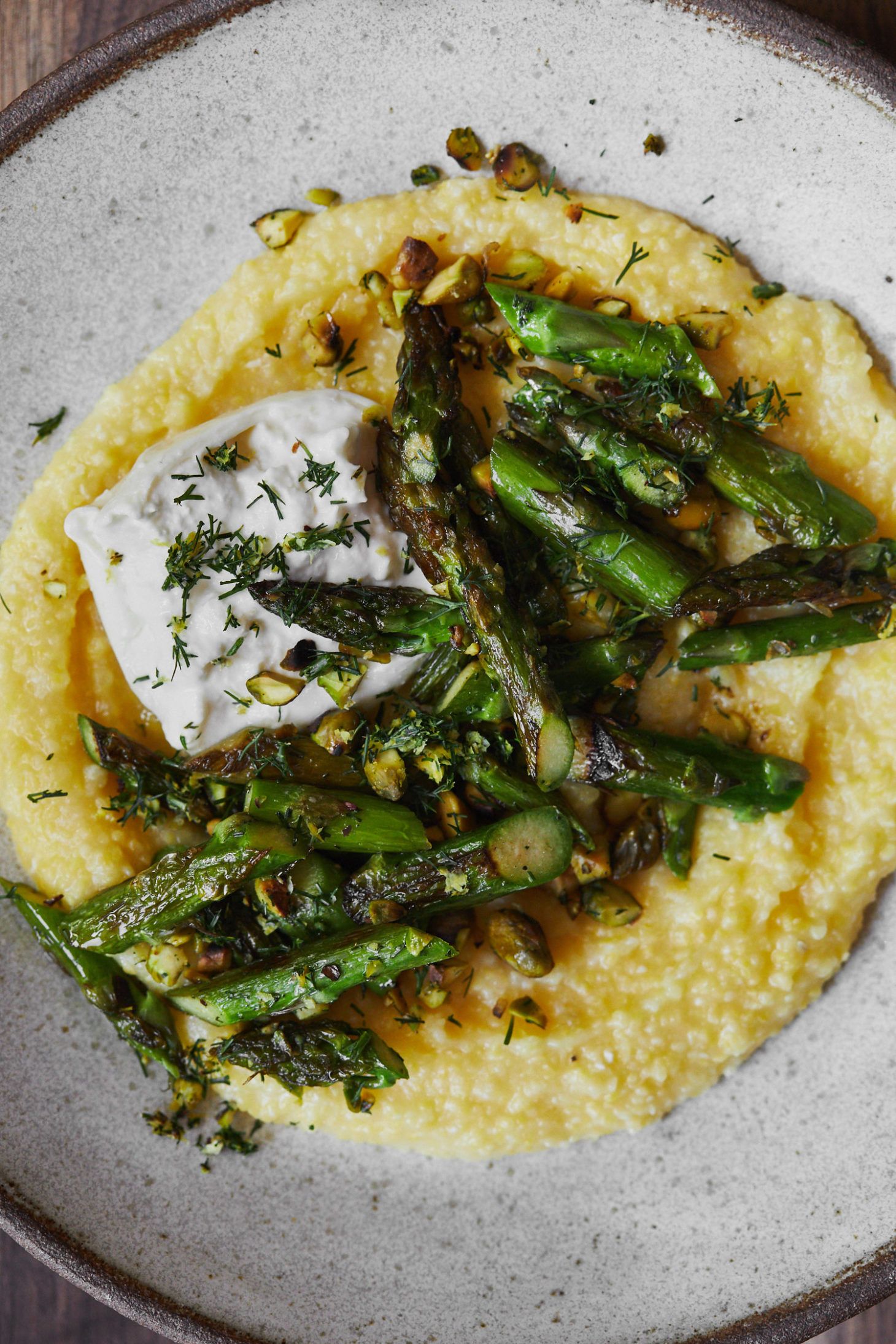 Asparagus Polenta with Dill-Pistachios and Burrata Cheese