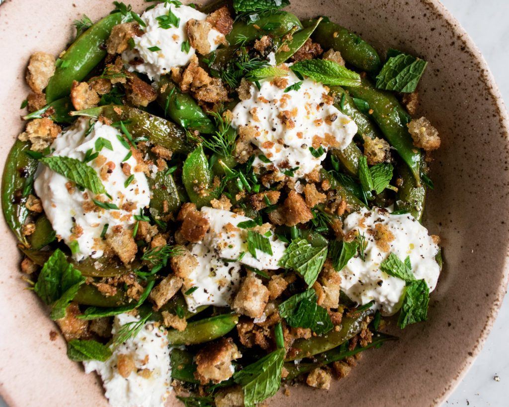 Blistered Snap Peas with Burrata & Breadcrumbs