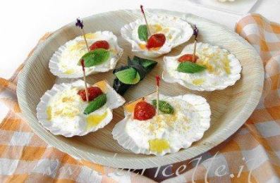 Burrata Appetizer Bottarga and Cherry Tomatoes on Scallop Shells