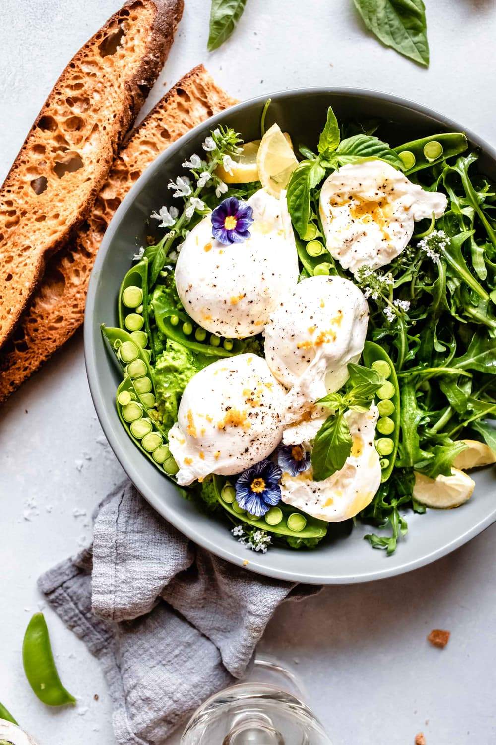 Burrata Cheese with Charred and Raw Sugar Snap Peas