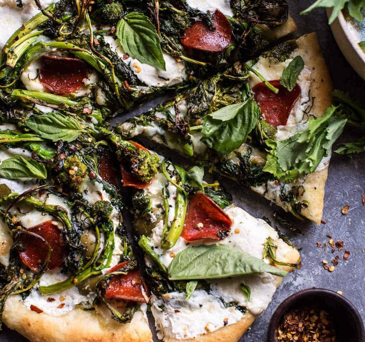 Broccoli rabe burrata pizza