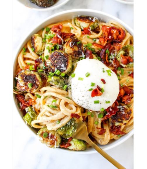 Caramelized Onion Carbonara with Brussels Sprouts & Burrata