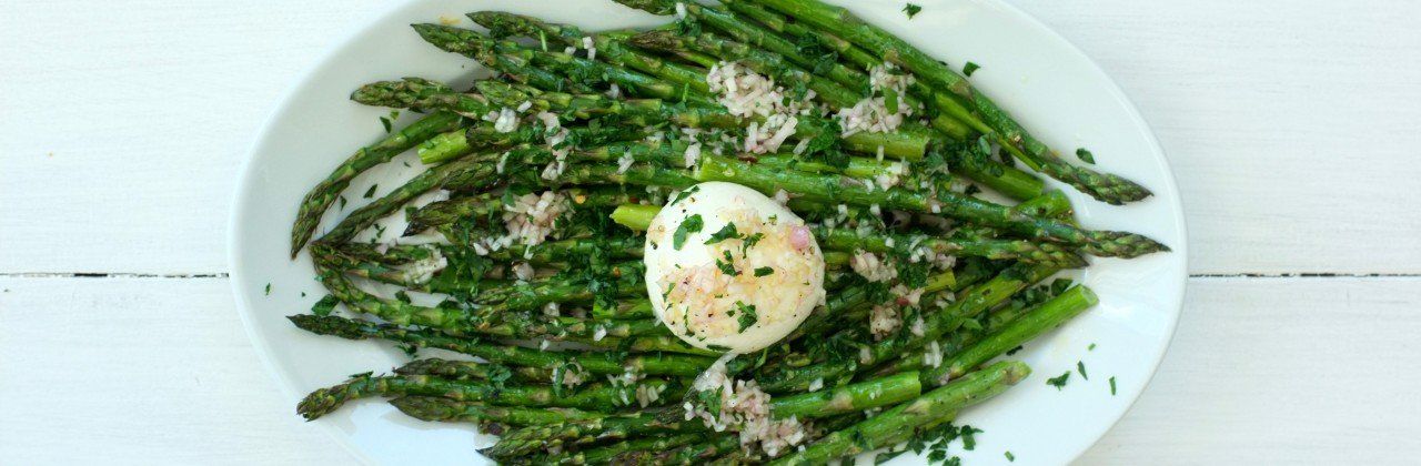 Roasted Asparagus with Burrata and a Shallot Vinaigrette