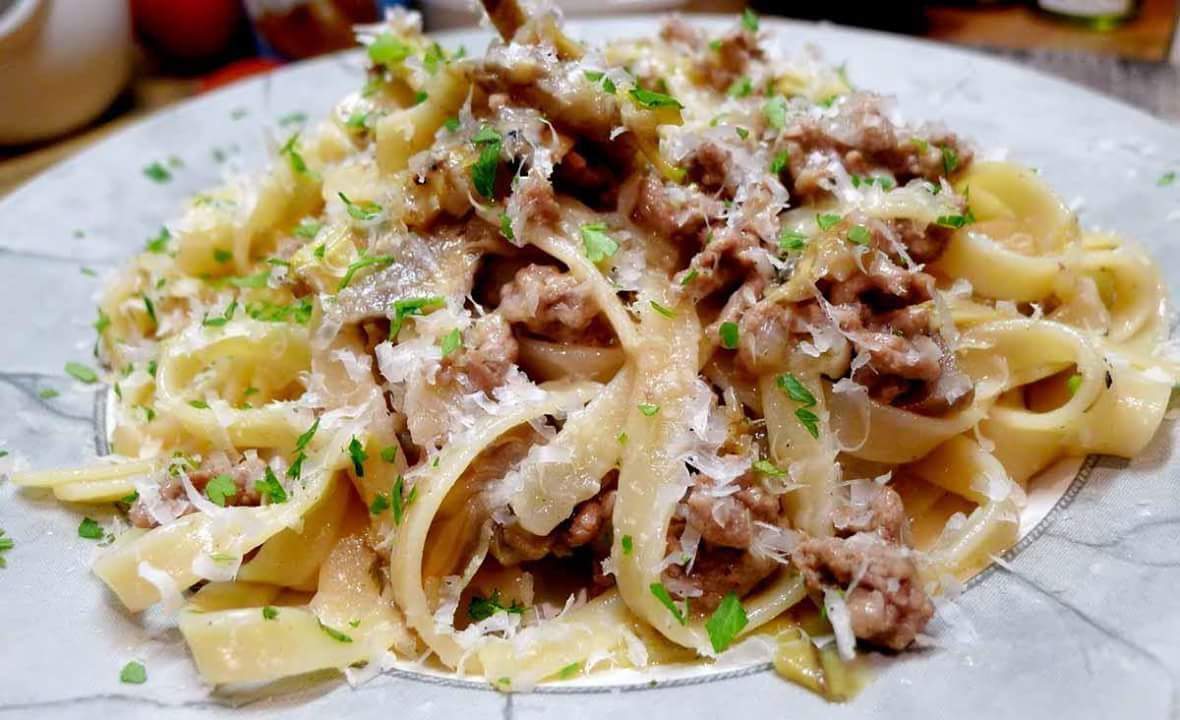 Lamb, cheese and egg fettuccine