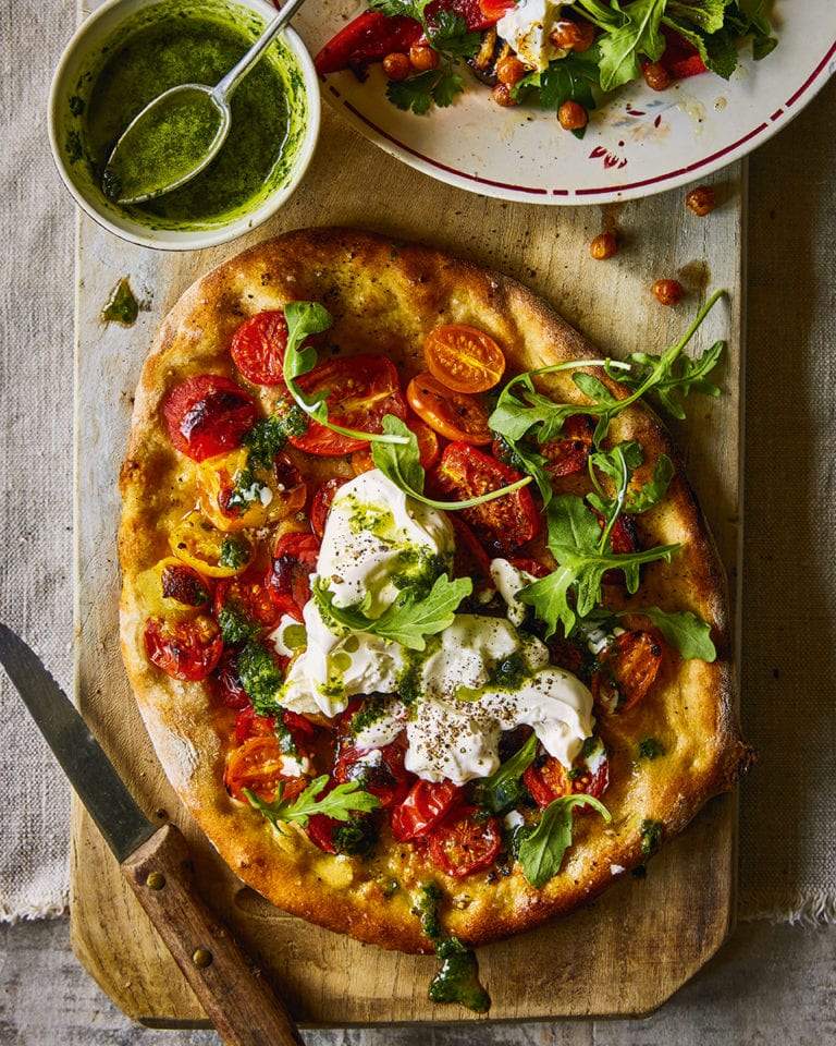 Burrata Cheese Pizza with Cherry Tomatoes and Fresh Basil