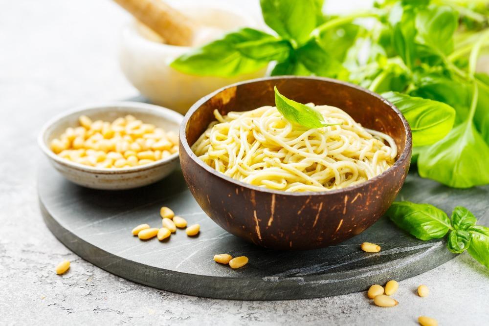 Herb spaghetti with pine nut sauce