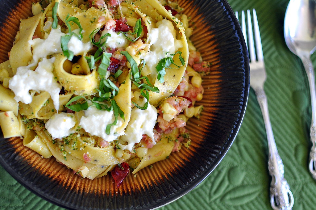 Pasta With Corn, Burrata, Pancetta and Chilies