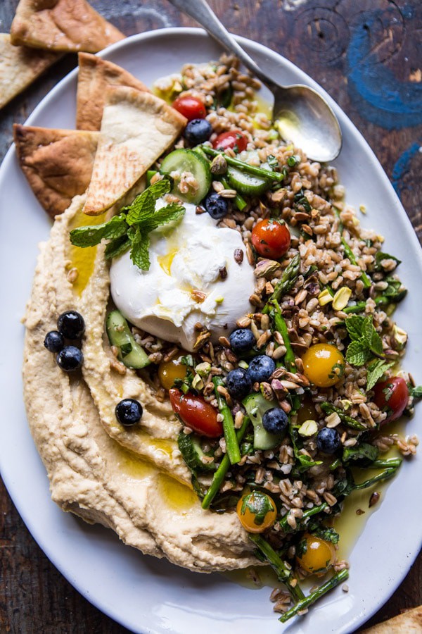 FARRO TABBOULEH WITH BURRATA AND HUMMUS