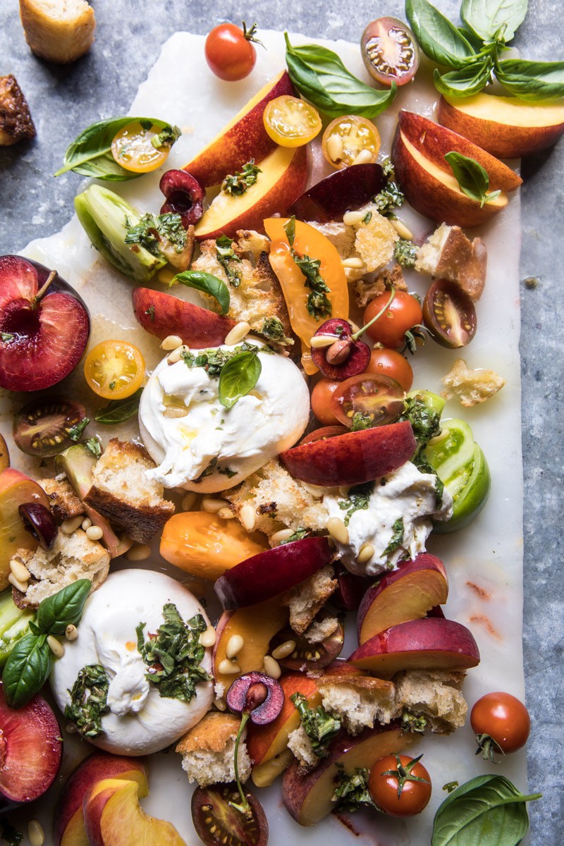 TUSCAN SUMMER STONE FRUIT, TOMATO, AND PANZANELLA BURRATA SALAD