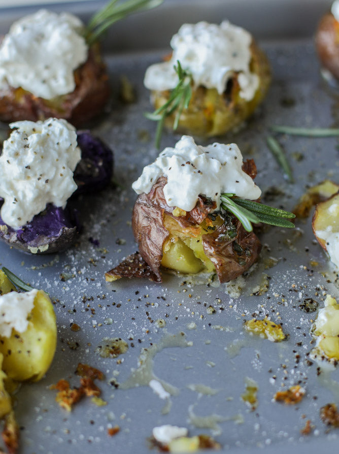 CRISPY SMASHED POTATOES WITH BURRATA